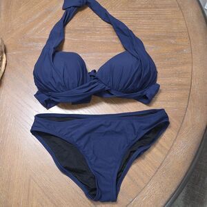 2 Bamboo Navy Reef Solid Halter M Triangle Bikini Swim Top & Bottoms